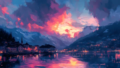 Alpine lakeside town under vivid magenta sunset sky.