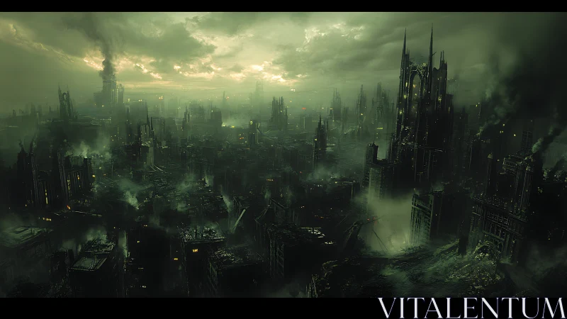 Dystopian toxic megacity skyline under corrosive green haze.