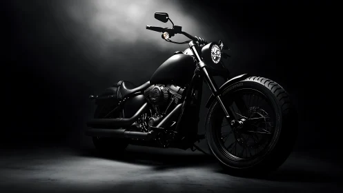 Low-key studio portrait of custom matte black motorcycle.