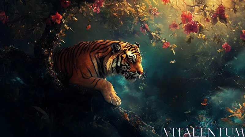 Gentle tiger resting in a dreamy, flower-dusted jungle twilight.