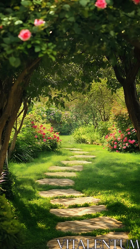 Sunlit stone pathway under floral canopy in landscaped garden.