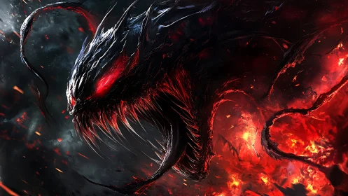 Demonic void serpent lunges through burning cosmic storm