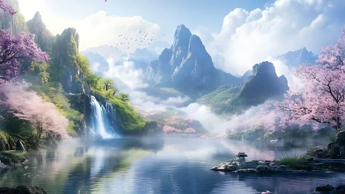 Blossoming valley cradles misty peaks, waterfall, and calm lake