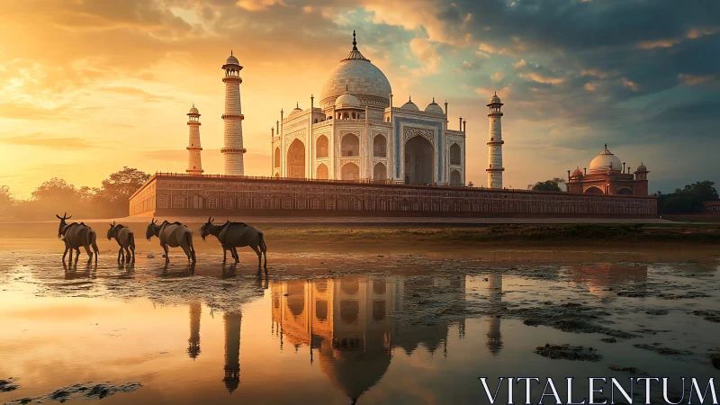Taj Mahal at sunrise with grazing animals and reflection.