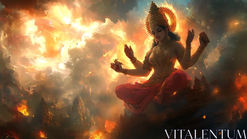 Divine female figure levitates over burning temples at dusk