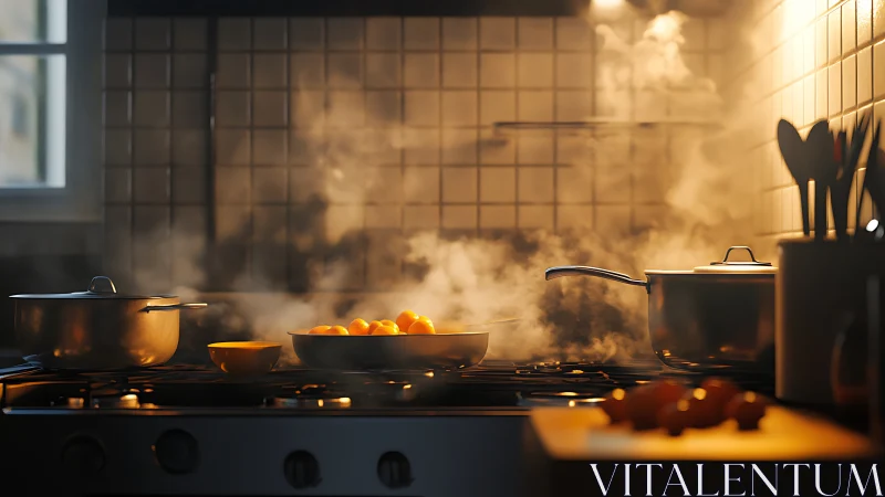 Steam rises over sunlit stovetop with simmering pots