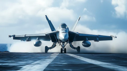 Carrier-based fighter jet powers forward through dense steam.