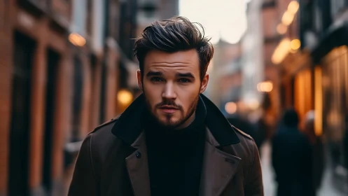 Young man in brown coat on blurred city street at dusk.