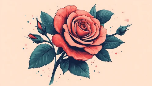 Digital rose illustration with teal leaves on pastel field.
