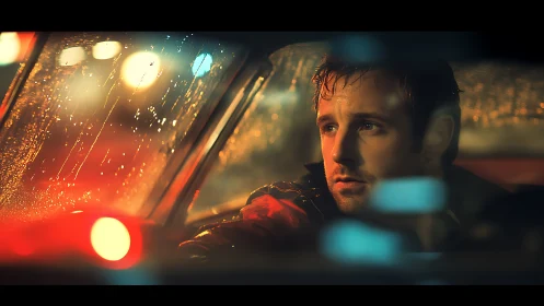 Rainlit driver haunted by neon ghosts at the window.