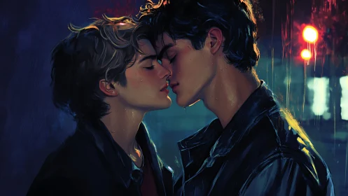 Two Male Figures in Rain-Soaked Urban Neon Setting, Digital Illustration