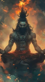 Fiery ascetic yogi levitates in mystical inferno meditation.