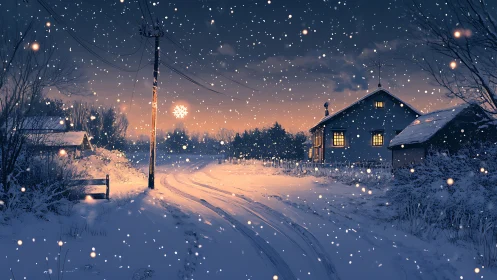 Snow-covered rural lane with warm-lit cottage at dusk.