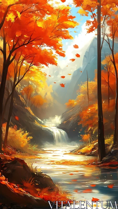 Autumn waterfall sanctuary under rivers of golden light.