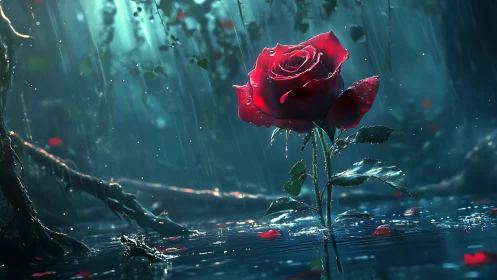 Midnight rain-kissed crimson rose in an enchanted forest.