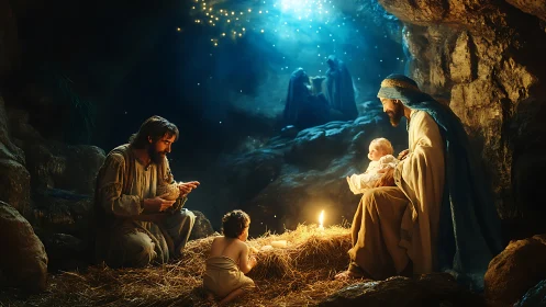 Nativity cave tableau in warm candlelight and celestial glow.
