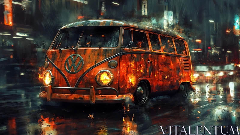 Burning retro van blazes through neon drenched night street.