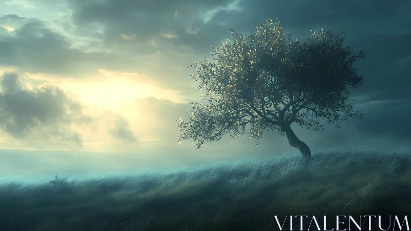 Solitary tree stands on sloped field under diffuse backlight