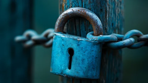 Weathered blue padlock clings to chain in teal stillness.