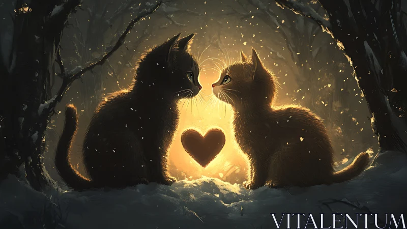 Two Kittens Facing Each Other with Luminous Heart Shape Between Them