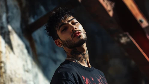 Man with neck tattoos poses in harsh directional sunlight