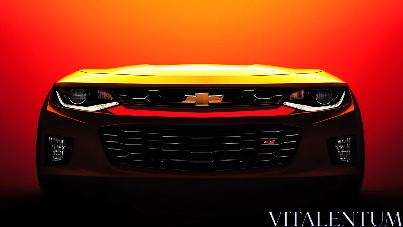 Bold yellow sports car glows against a vivid orange sunset