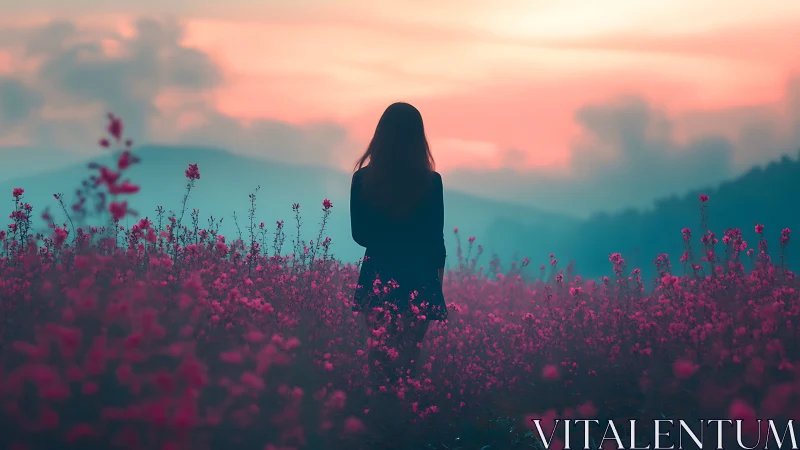 Soft evening glow welcomes a lone figure in pink blooms