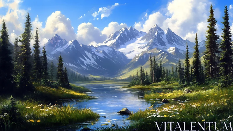 Snow-capped alpine peaks reflect in still glacial lake under clear sky