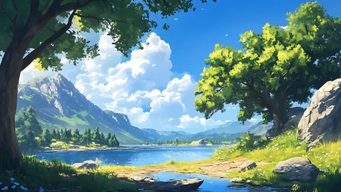 Sunlit lakeside valley beneath towering summer mountains.