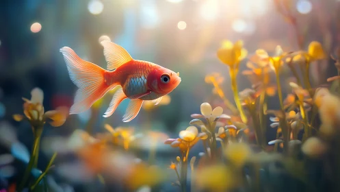 Goldfish swimming through blurred underwater plants.