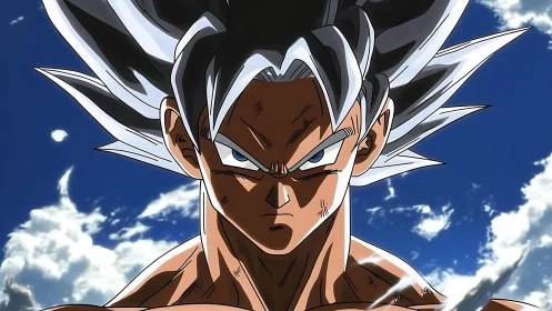 Silver haired anime warrior stares forward under bright sky