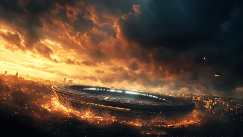 Futuristic stadium encircled by apocalyptic urban inferno.