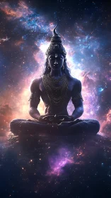 Cosmic meditative deity silhouette framed by luminous nebular backlight