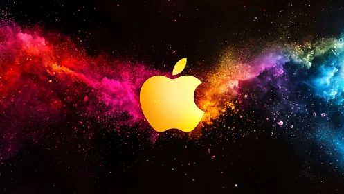 Golden apple logo over vivid cosmic color nebula.