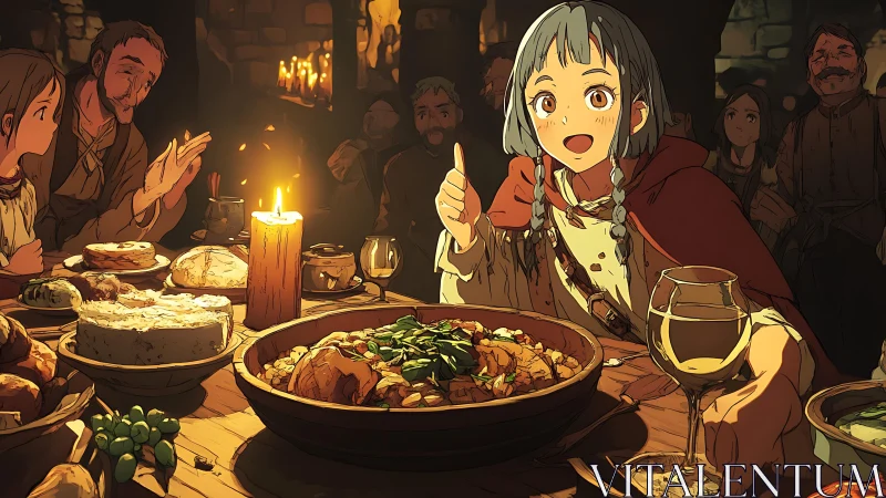 Anime feast scene captures warm candlelit communal celebration