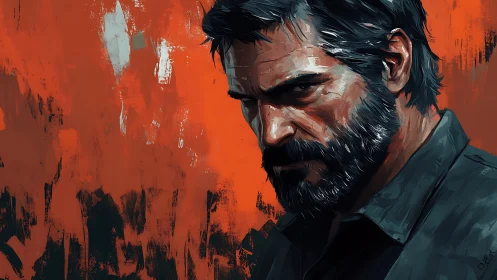 Brooding rugged man before raw orange abstract field.