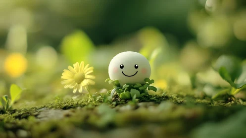Smiling round character on moss beside yellow daisy flower.