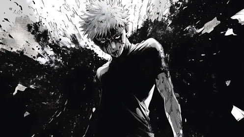 Shadow-charged hero standing in a storm of ink and light.