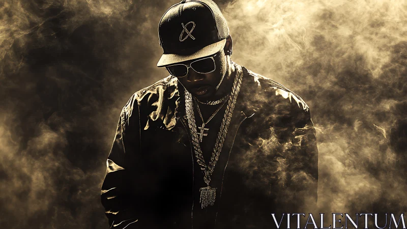 Moody hip hop portrait of man in smoke and golden light.