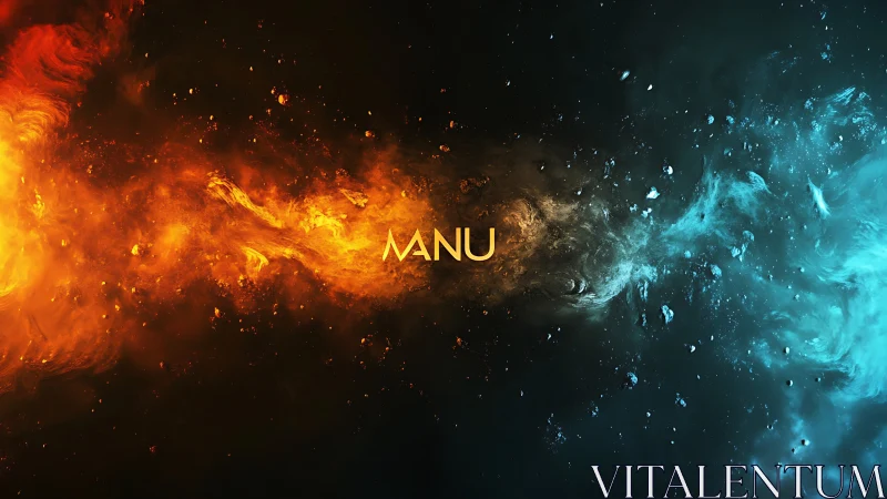 Fiery orange and icy blue cosmic clash around MANU text.