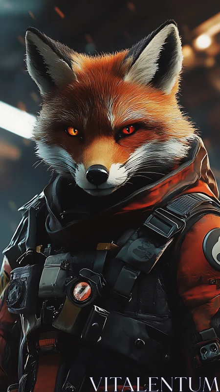 Anthropomorphic fox in tactical armor with gear details.