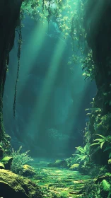 Enchanted Cavern with Bioluminescent Moss and Verdant Undergrowth