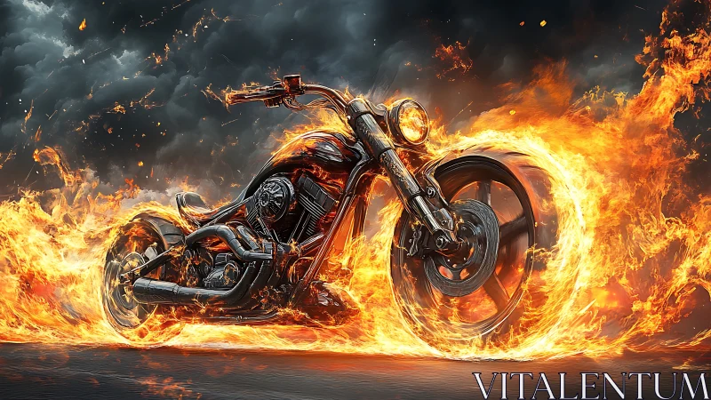 Photorealistic flaming motorcycle with dynamic inferno framing.