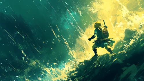 Heroic figure ascending storm-lit ridge in dynamic brushwork.