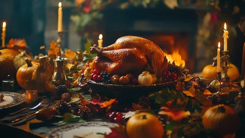 Roast turkey centerpiece on candlelit autumn harvest table.