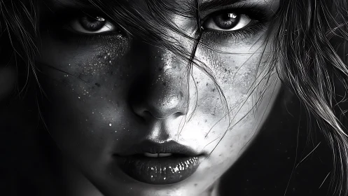 High-contrast monochrome portrait isolates wet skin microtextures