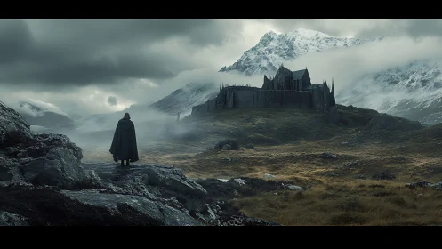 Solitary cloaked figure surveying fortress in misty alpine valley