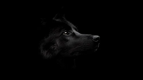 Profile view of black dog head on solid dark background.