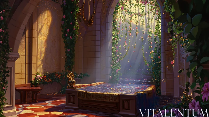 Sunlit stone chamber with floral canopy and diffused volumetric rays