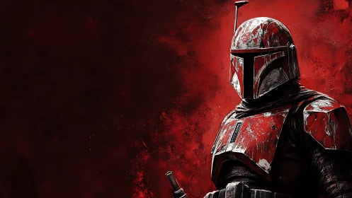 Armored sci fi warrior in red against textured crimson void.